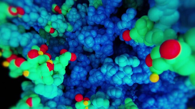 Abstract 3D render of dense interlocking molecular clusters in blue green and red, a visual metaphor for disease outbreak news broadcast content