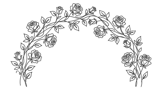 Elegant rose arch line art, floral border with blooming roses and leaves, minimalist botanical illustration for wedding invitations and greeting cards