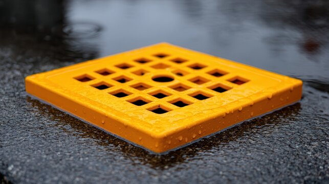 Yellow Storm Drain Grate on Wet Asphalt