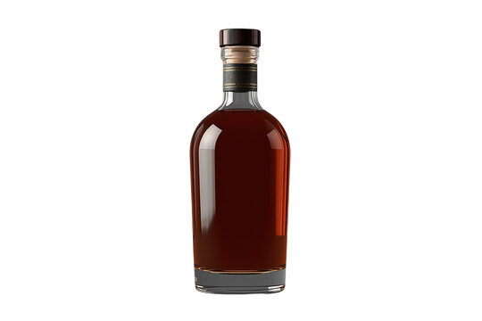 Whiskey bottle presenting amber liquid with blank label for branding, isolated on transparent background
