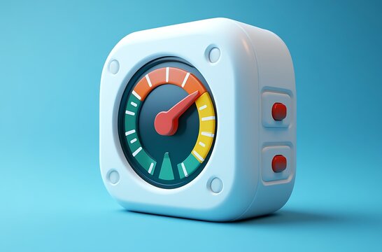 3 d of a white control box with a colorful dial and red buttons gauge meter