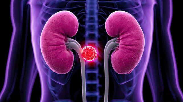 Anatomical illustration of healthy human kidneys with a glowing tumor on one