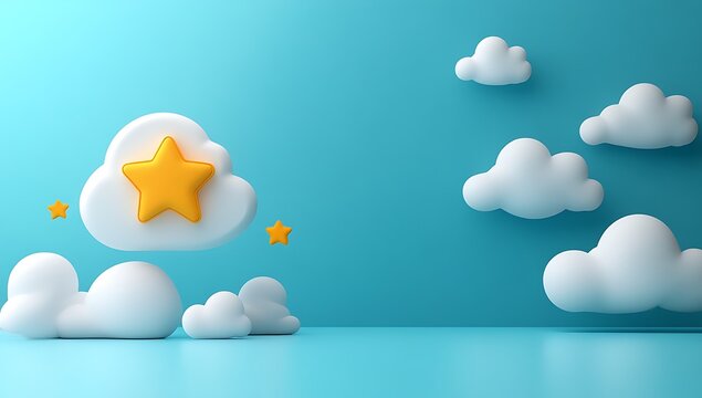 3 d of white clouds, yellow stars on blue background, 3d clouds cartoon clouds