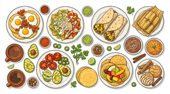 Traditional Mexican Cuisine Vector Elements Isolated on White Background