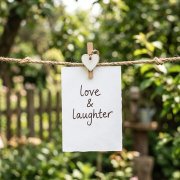 Love and Laughter handwritten note on clothesline in garden with blurred background