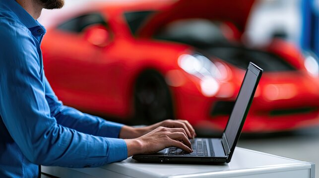 Mechanic types on laptop near red sports car with open hood