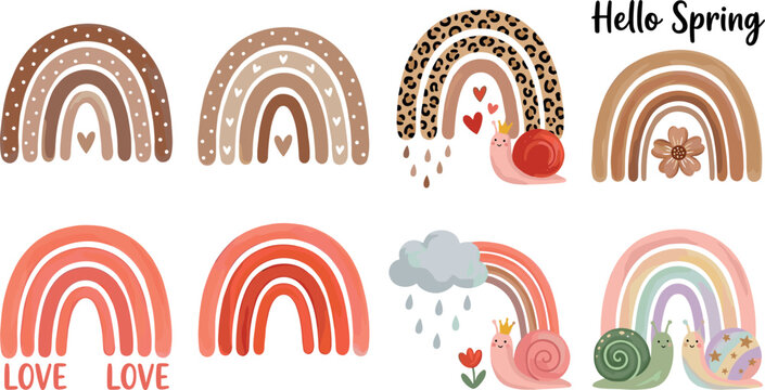 Collection of cute boho rainbows with snails, flowers, and spring elements, hand-drawn style vector illustration set.