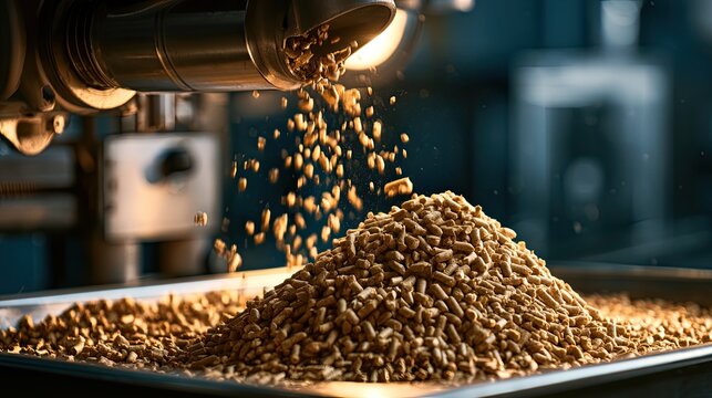 Small, cylindrical grains are dispensed from a metal chute, forming a large pile