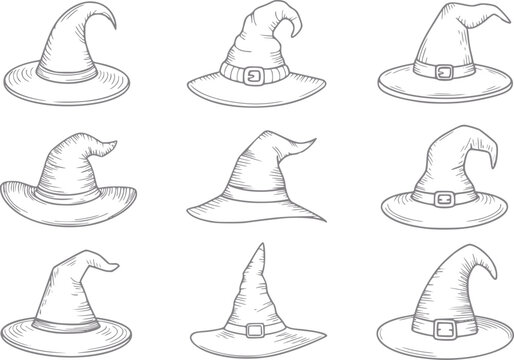 Colecci&oacute;n de sombreros de bruja dibujados a mano con varios estilos para decoraciones de Halloween