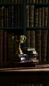 Aged books golden trophy achievement success academic excellence study classic literature luxury concept