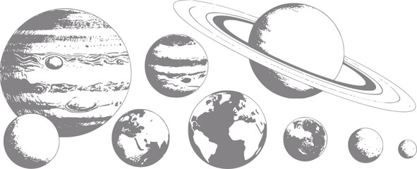 Colección de varios planetas del sistema solar ilustrados en un estilo vintage sobre fondo blanco © Stock Soul