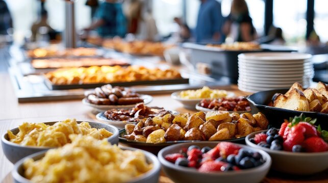 A bountiful breakfast buffet laden with a variety of delicious morning dishes