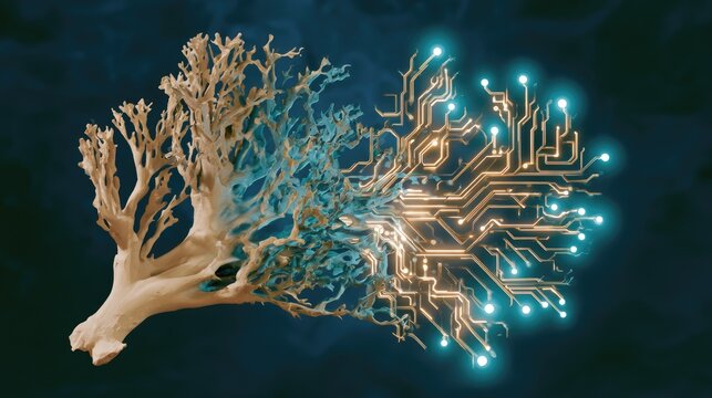 Organic tree merges into glowing digital circuitry with luminous nodes