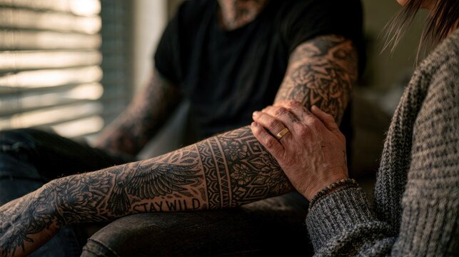 Close up of a tattooed arm with a hand resting on it