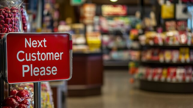 Red "Next Customer Please" sign in a store.