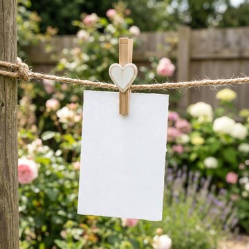 Blank card on clothesline with heart clip and garden background