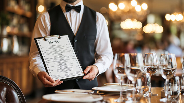 Waiter in formal uniform holding a menu beside a set dining table with wine glasses and plates inside an elegant restaurant.