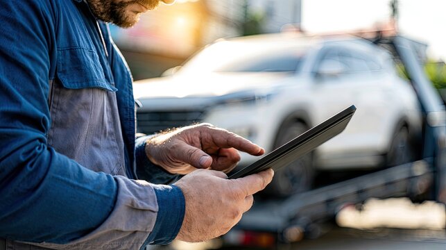 Man on tablet near tow truck with disabled vehicle