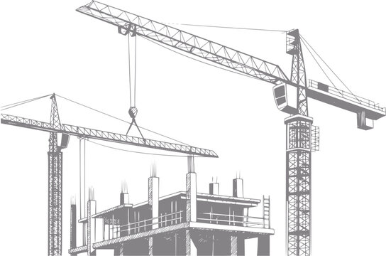 Detalle de dos gr&uacute;as de construcci&oacute;n altas trabajando en un sitio de construcci&oacute;n sobre fondo blanco