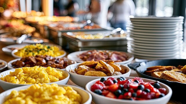 A bountiful buffet offers diverse breakfast foods, including scrambled eggs, fruit