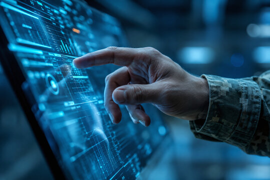 Close up of Soldier Hand Touching High-Tech Digital Screen Interface in Command Center, Cyber Security and Intelligence Surveillance Concept, Military Personnel Operating Futuristic Data and Map