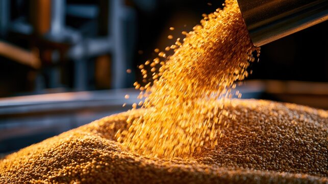Close-up of golden grains cascading from a chute into a large pile