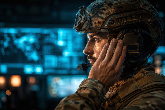 Modern Soldier Wearing Tactical Helmet and Communication Headset in High-Tech Command Center, Military Intelligence Personnel Monitoring Digital Map Screens, Cyber Warfare and Security Concept