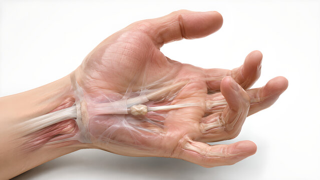 Trigger finger hand anatomy with thickened flexor tendon nodule in a photorealistic medical 3D render for healthcare education, orthopedic training, patient information, and clinical design use
