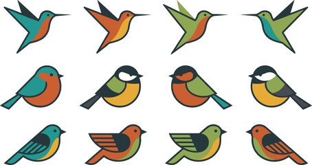Colorful Bird Vector Logo Set with Hummingbird, Robin, Chickadee and Sparrow Geometric Flat Icon Illustration for Nature Branding © MdMoymul