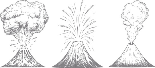 Set de tres volcanes dibujados a mano que muestran diferentes etapas de erupción y actividad volcánica © Stock Soul