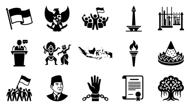Indonesia Icons Collection: Flag, Garuda, Monas, Torch, Independence Symbols