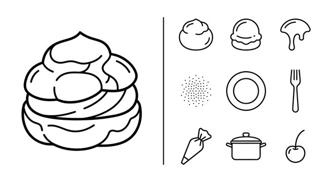 Cream Puff Pastry Icon Set with Baking Tools Line Art