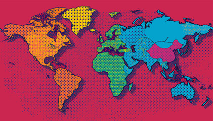 Pop art style world map with continents in vibrant colors against a red background, featuring a halftone dot texture. © Teko