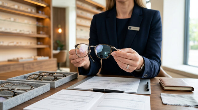 Optometrist offers stylish eyeglasses at optical shop, customer consultation