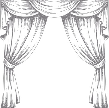 Cortinas de teatro abiertas dibujadas a mano estilo vintage con festones y cortinajes decorativos