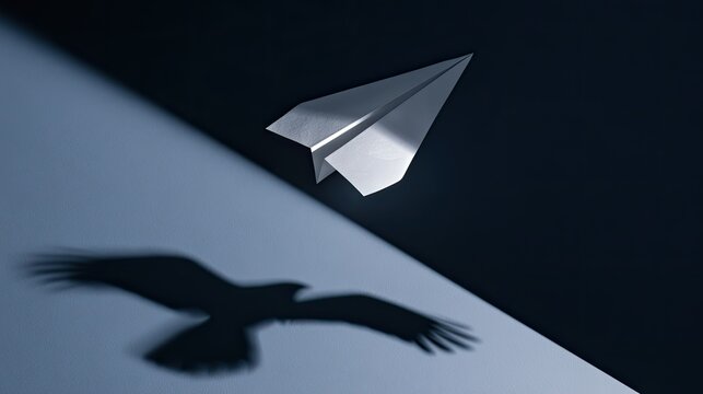 Metal paper airplane casting a majestic eagle shadow against dark and light backgrounds