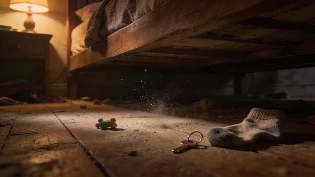 Dust motes swirling under old wooden bed with lost key and sock on floor