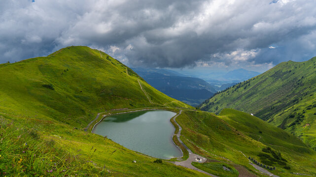 the summit called "Gehrenspitze" in the little valley of Walser, Austria on a cloudy summer day. tightrope under changing weather. holiday destination for hiker and climber and in winter skiing