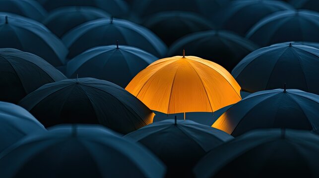 A single illuminated umbrella stands out amongst many dark ones