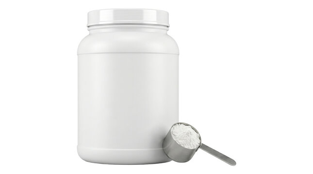 Blank white supplement jar with a scoop of powder isolated on transparent background.