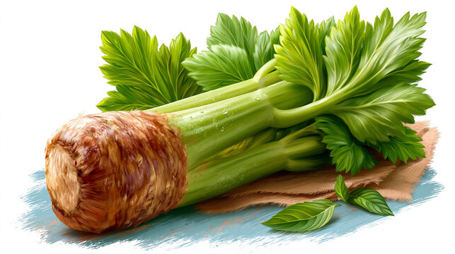 Fresh celery root with green stalks on textured surface vegetable ingredient culinary nutrition