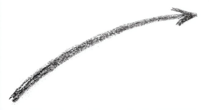 Curved hand drawn arrow sketch pointing right with charcoal direction indicator illustration background movement navigation minimalist abstract artistic creative pointing