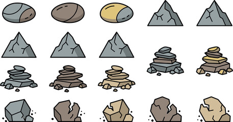 Rock and Stone Vector Icon Set with Pebble, Mountain, Cairn Stack, Boulder and Cracked Rock in Gray Brown Yellow Illustration © MdMoymul