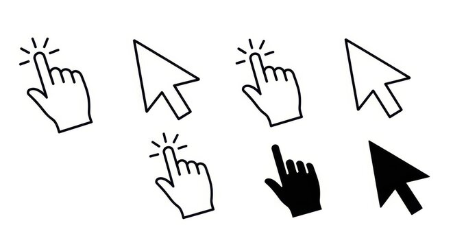 Set of Computer Mouse Cursor Icons and Hand Clicking Symbols for Web Design and User Interface