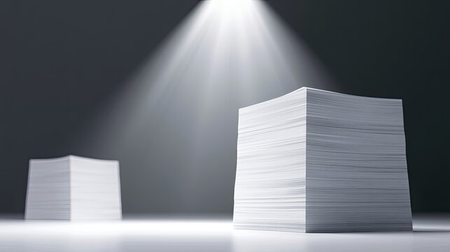 Bright spotlight illuminates two stacks of white paper on a reflective surface