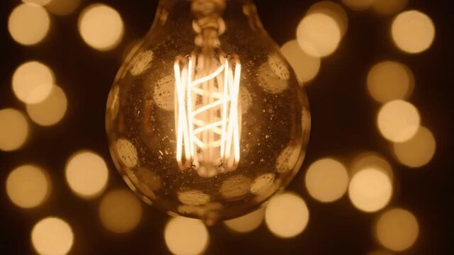 Glowing vintage filament light bulb with bokeh background