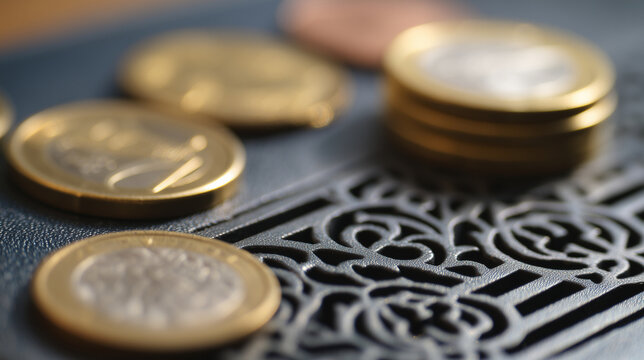 Macro close-up of bimetallic coins scattered diagonally on carved dark surface with warm highlights and shallow bokeh