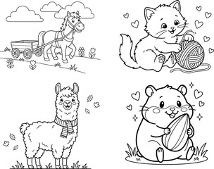 Fototapeta premium Cute Pets And Farm Animals Hamster Kitten Alpaca Coloring Page Bundle Vector Outline Sheet