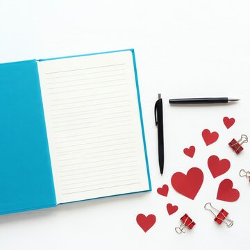 Open Notebook with Pen and Red Hearts, Valentine's Day Concept