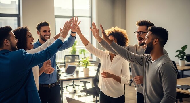 Diverse group of colleagues celebrating success with high fives in a modern office setting.